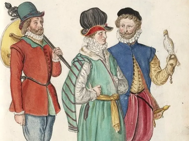 An English nobleman with his wife and servant. Book illustration, 1570.