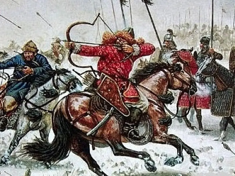 Attack of Mongol archers. 19th century Sketch