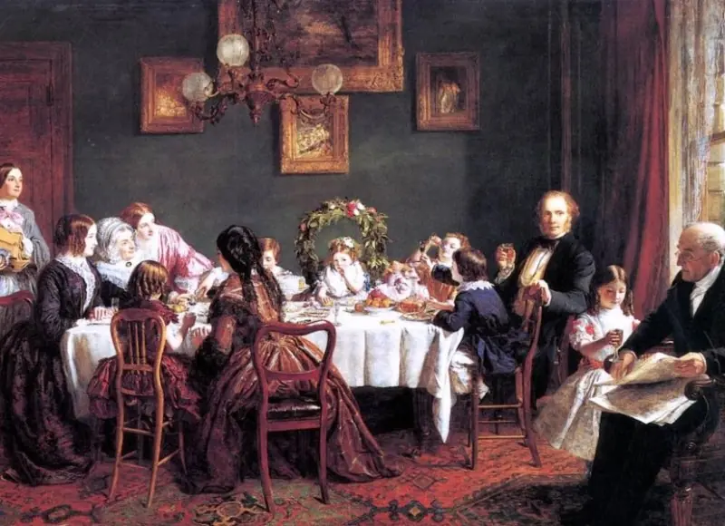 Dinner of a noble family. 19th century painting
