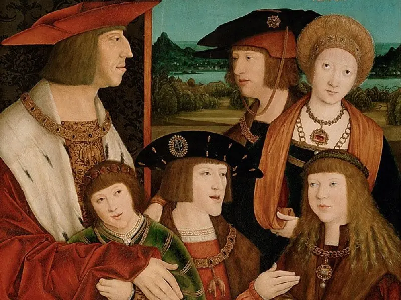 Emperor Maximilian I with his family and King Louis. Painting, 1515