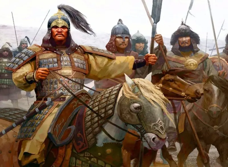 Mongol warriors of the 13th century. Modern illustration.