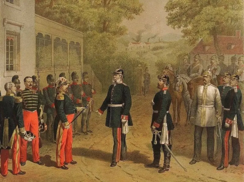 Napoleon III surrenders to the King of Prussia. Painting from 1875