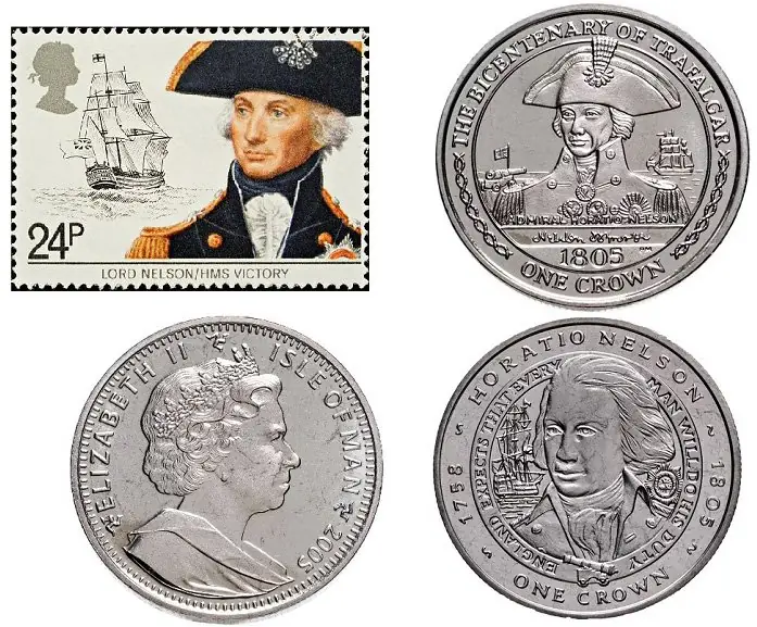 Postage stamp and coins in honor of Admiral Nelson