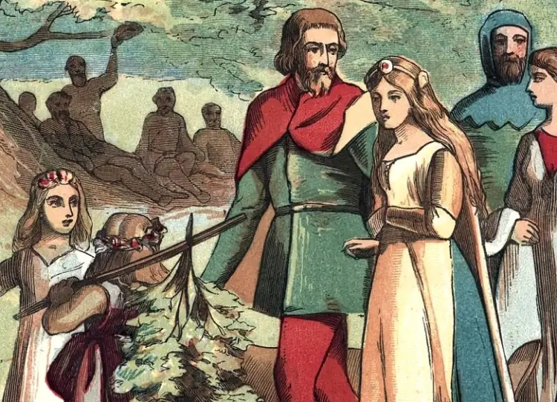 Robin Hood and Marion's wedding in Sherwood Forest. Modern illustration