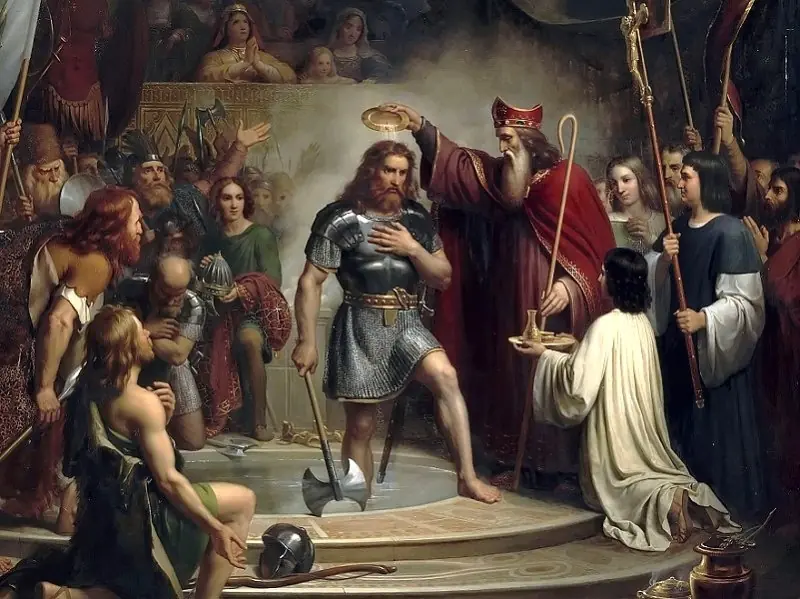 The Baptism of Clovis. Painting from the 1800s.