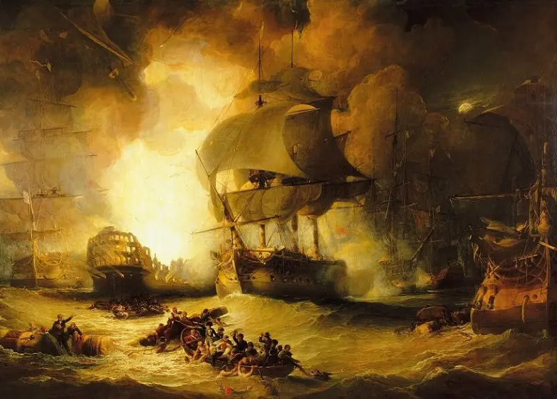 The death of the French flagship at Abubakir. Painting from 1825
